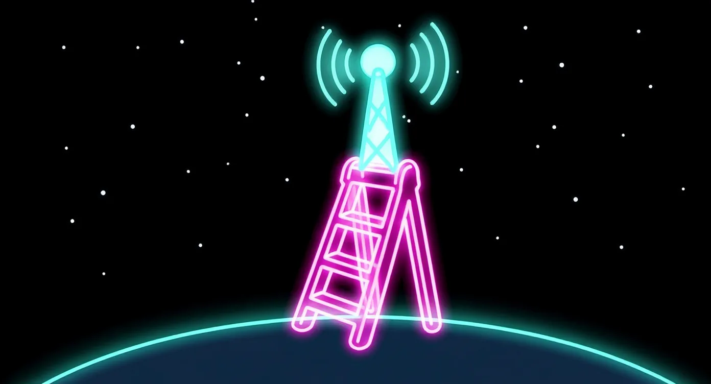 Neon illustration of a three-rung ladder rising from a tiny planet to a glowing radio tower