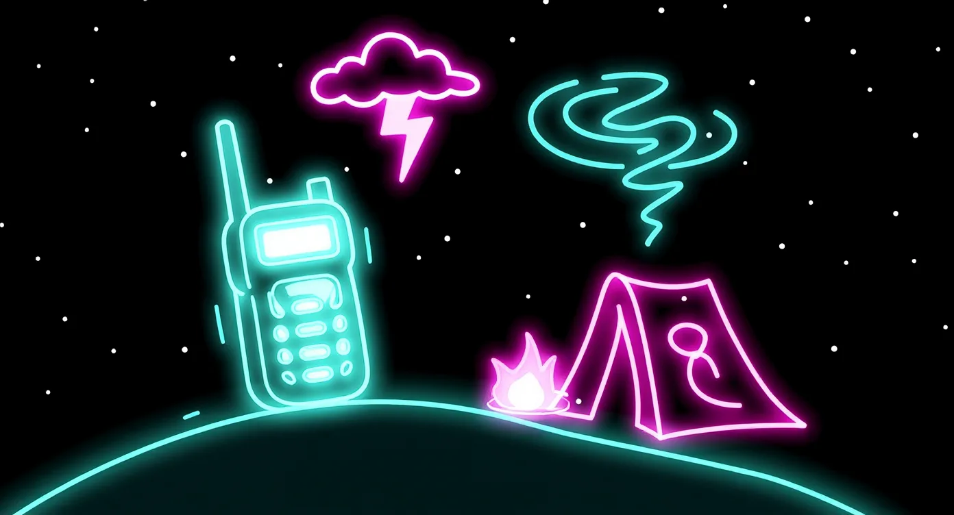 Neon illustration of a handheld radio, tent and campfire under a storm cloud